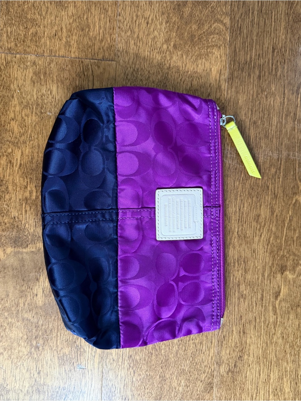Coach Two-Tone Satin Logo Cosmetic Pouch in Purple, Navy & Neon Yellow - Picture 10 of 11